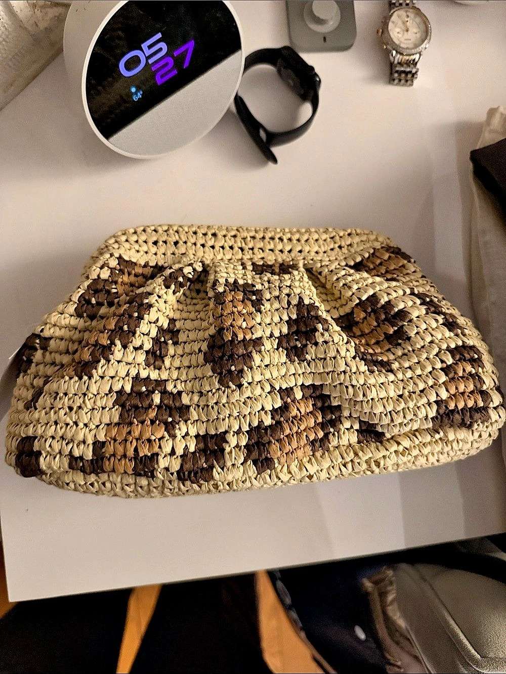 Leopard print straw clutch
